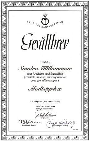 Gesällbrev modist